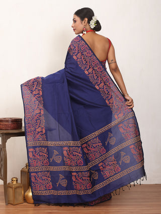 Navy Blue Polycotton Saree With Hand Block Print