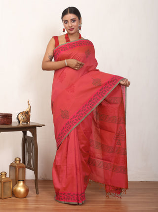 Sunset Pink Polycotton Saree With Hand Block Print