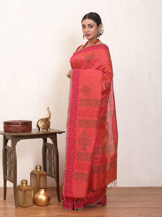 Sunset Pink Polycotton Saree With Hand Block Print