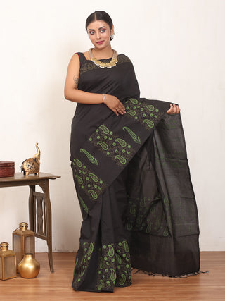 Black Polycotton Saree With Hand Block Print