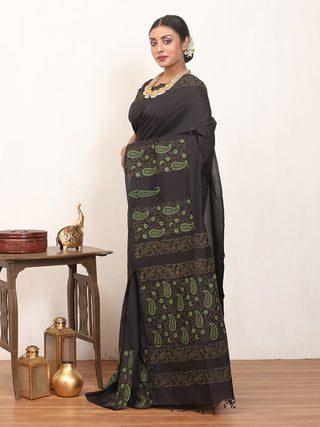Black Polycotton Saree With Hand Block Print