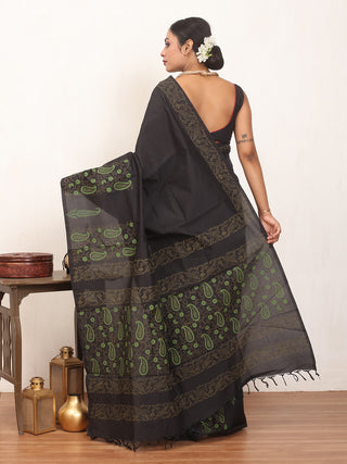 Black Polycotton Saree With Hand Block Print