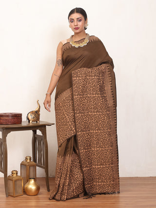 Coffee Brown Polycotton Saree With Hand Block Print