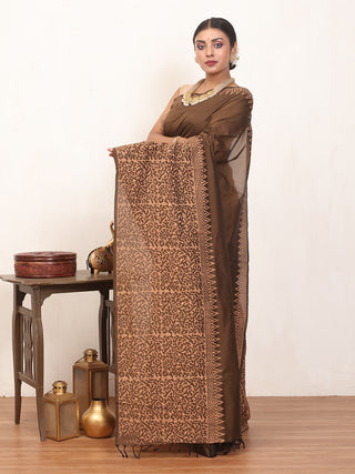 Coffee Brown Polycotton Saree With Hand Block Print