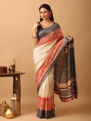 Beige Bhagalpur Ghicha Tussar Silk Block Printed Saree