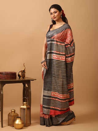Beige Bhagalpur Ghicha Tussar Silk Block Printed Saree