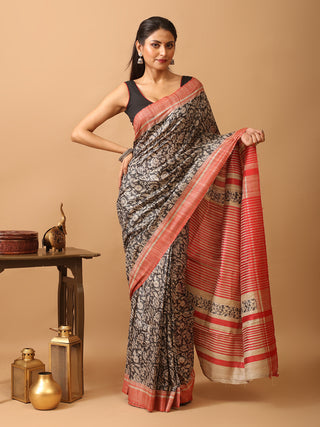 Beige Block Printed Bhagalpur Ghicha Tussar Silk Saree