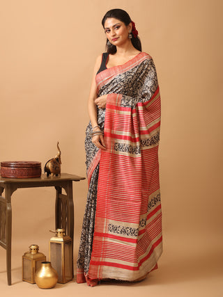 Beige Block Printed Bhagalpur Ghicha Tussar Silk Saree