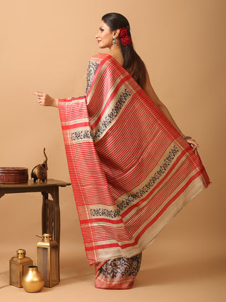 Beige Block Printed Bhagalpur Ghicha Tussar Silk Saree