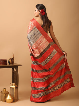 Beige Block Printed Bhagalpur Ghicha Tussar Silk  Saree