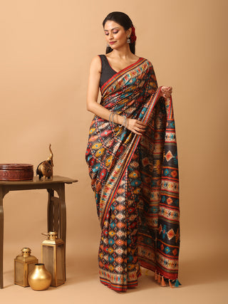 Multicolour Screen Printed Bhagalpur Ghicha Tussar Silk Saree