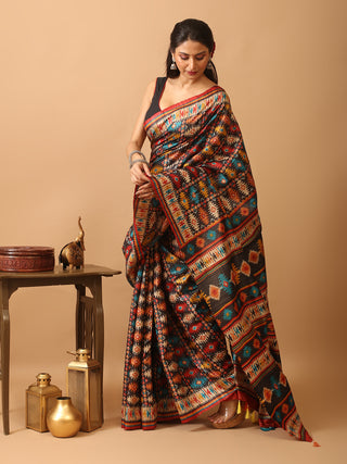 Multicolour Screen Printed Bhagalpur Ghicha Tussar Silk Saree