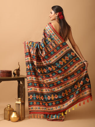 Multicolour Screen Printed Bhagalpur Ghicha Tussar Silk Saree