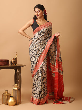Beige Bhagalpur Ghicha Tussar Silk Printed Saree