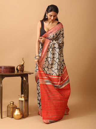 Beige Bhagalpur Ghicha Tussar Silk Printed Saree