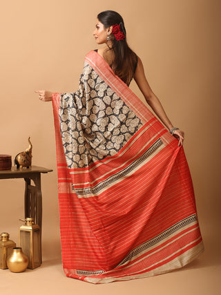 Beige Bhagalpur Ghicha Tussar Silk Printed Saree