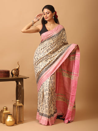 Beige and Pink Bhagalpur Ghicha Tussar Silk Saree with Warli Prints
