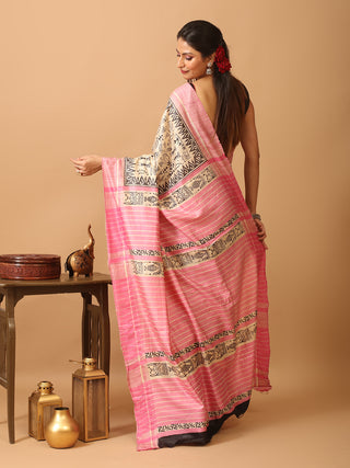 Beige and Pink Bhagalpur Ghicha Tussar Silk Saree with Warli Prints