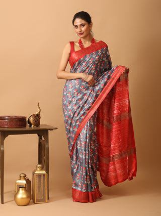 Grey Bhagalpur Ghicha Tussar Silk Printed Saree with Red Zari Border