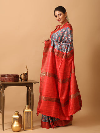 Grey Bhagalpur Ghicha Tussar Silk Printed Saree with Red Zari Border