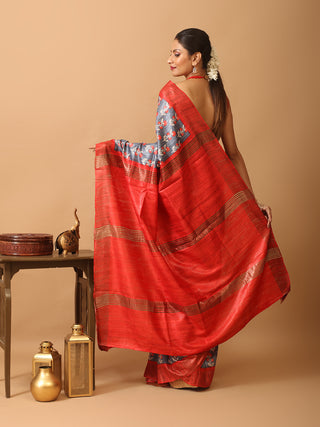 Grey Bhagalpur Ghicha Tussar Silk Printed Saree with Red Zari Border