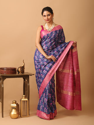 Indigo Blue Bhagalpur Ghicha Tussar Silk Printed Saree with Magenta Border