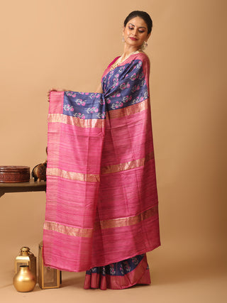 Indigo Blue Bhagalpur Ghicha Tussar Silk Printed Saree with Magenta Border