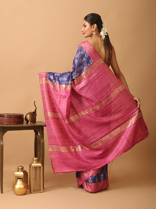 Indigo Blue Bhagalpur Ghicha Tussar Silk Printed Saree with Magenta Border