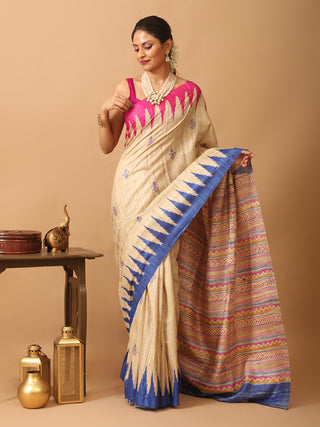 Beige Bhagalpur Ghicha Tussar Silk Printed Saree with Ganga-Jamuna Border