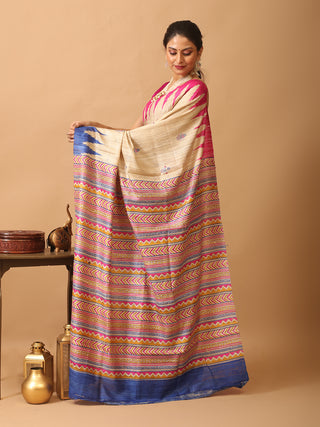 Beige Bhagalpur Ghicha Tussar Silk Printed Saree with Ganga-Jamuna Border