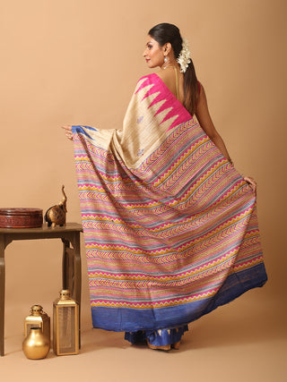 Beige Bhagalpur Ghicha Tussar Silk Printed Saree with Ganga-Jamuna Border
