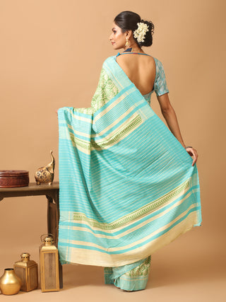 Beige and Aqua Blue Block Printed Bhagalpur Ghicha Tussar Silk Saree