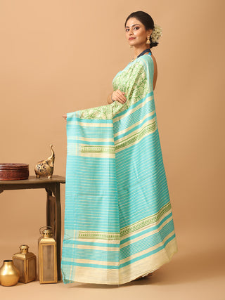 Beige and Aqua Blue Block Printed Bhagalpur Ghicha Tussar Silk Saree