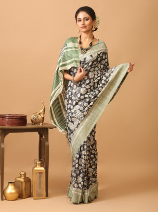 Black and Sap Green Block Printed Bhagalpur Ghicha Tussar Silk Saree