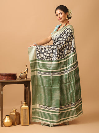 Black and Sap Green Block Printed Bhagalpur Ghicha Tussar Silk Saree