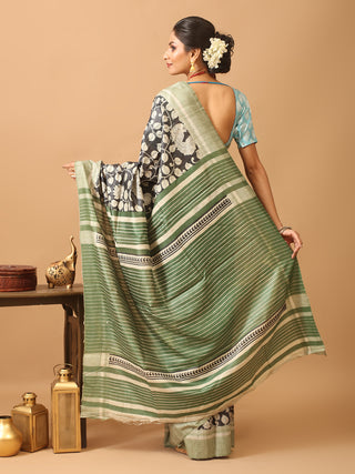 Black and Sap Green Block Printed Bhagalpur Ghicha Tussar Silk Saree
