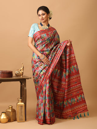 Beige Bhagalpur Ghicha Tussar Silk Saree with Multicoloured Geometric Prints
