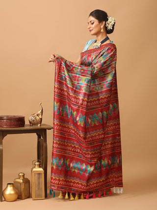 Beige Bhagalpur Ghicha Tussar Silk Saree with Multicoloured Geometric Prints