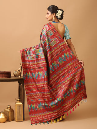 Beige Bhagalpur Ghicha Tussar Silk Saree with Multicoloured Geometric Prints