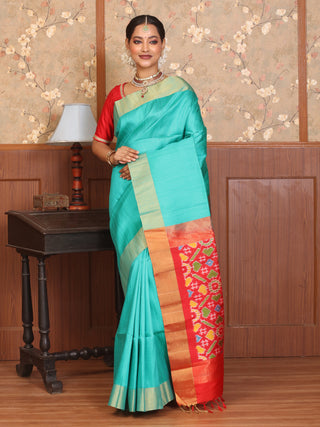 Teal And Red Handwoven Pochampally Dupion Silk Saree