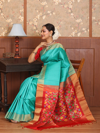 Teal And Red Handwoven Pochampally Dupion Silk Saree