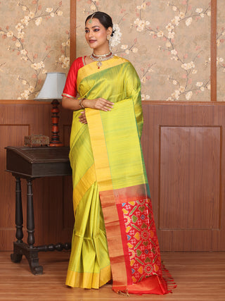 Lemon Yellow and Red Handwoven Pochampally Dupion Silk Saree
