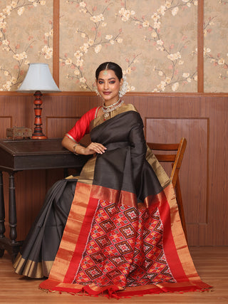Black and Red Handwoven Pochampally  Dupion Silk Saree