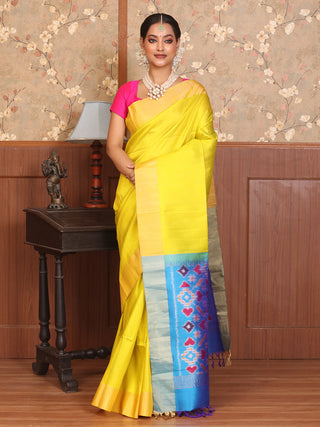 Yellow and Blue Handwoven Pochampally Dupion Silk Saree