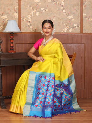 Yellow and Blue Handwoven Pochampally Dupion Silk Saree