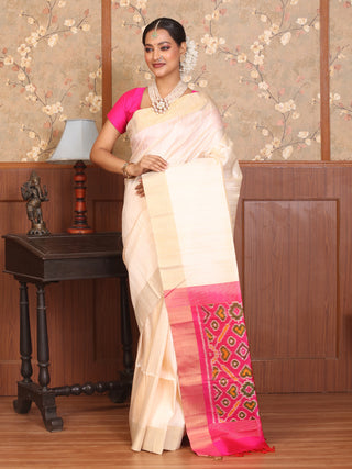 Ivory and Fuchsia Handwoven Pochampally Dupion Silk Saree