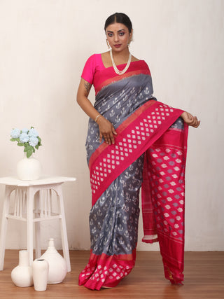 Grey And Fuchsia Pochampally Handwoven Silk Saree with Elegant Ikkat Weaves