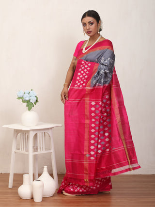 Grey And Fuchsia Pochampally Handwoven Silk Saree with Elegant Ikkat Weaves
