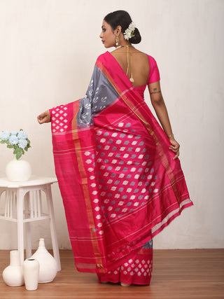 Grey And Fuchsia Pochampally Handwoven Silk Saree with Elegant Ikkat Weaves