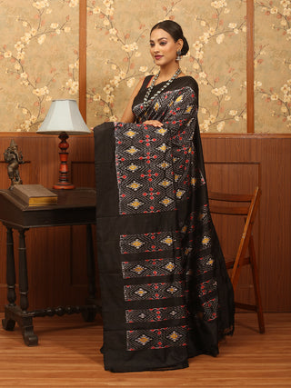 Black Pochampally Handwoven Pure Silk Saree with Cambodian Twill Design & Ikkat Weaves